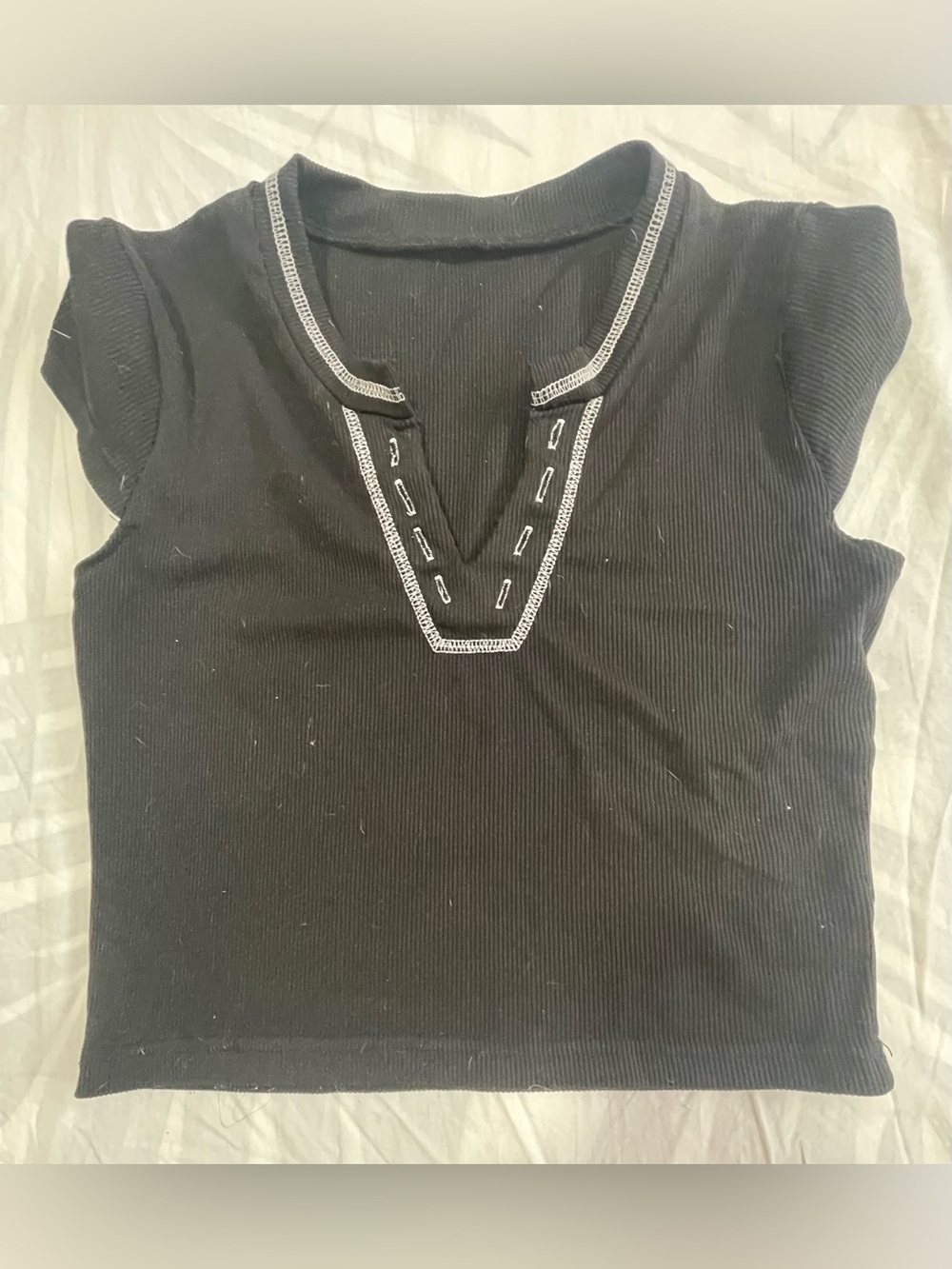 Black Ribbed Short Sleeve Top with Contrast Stitching